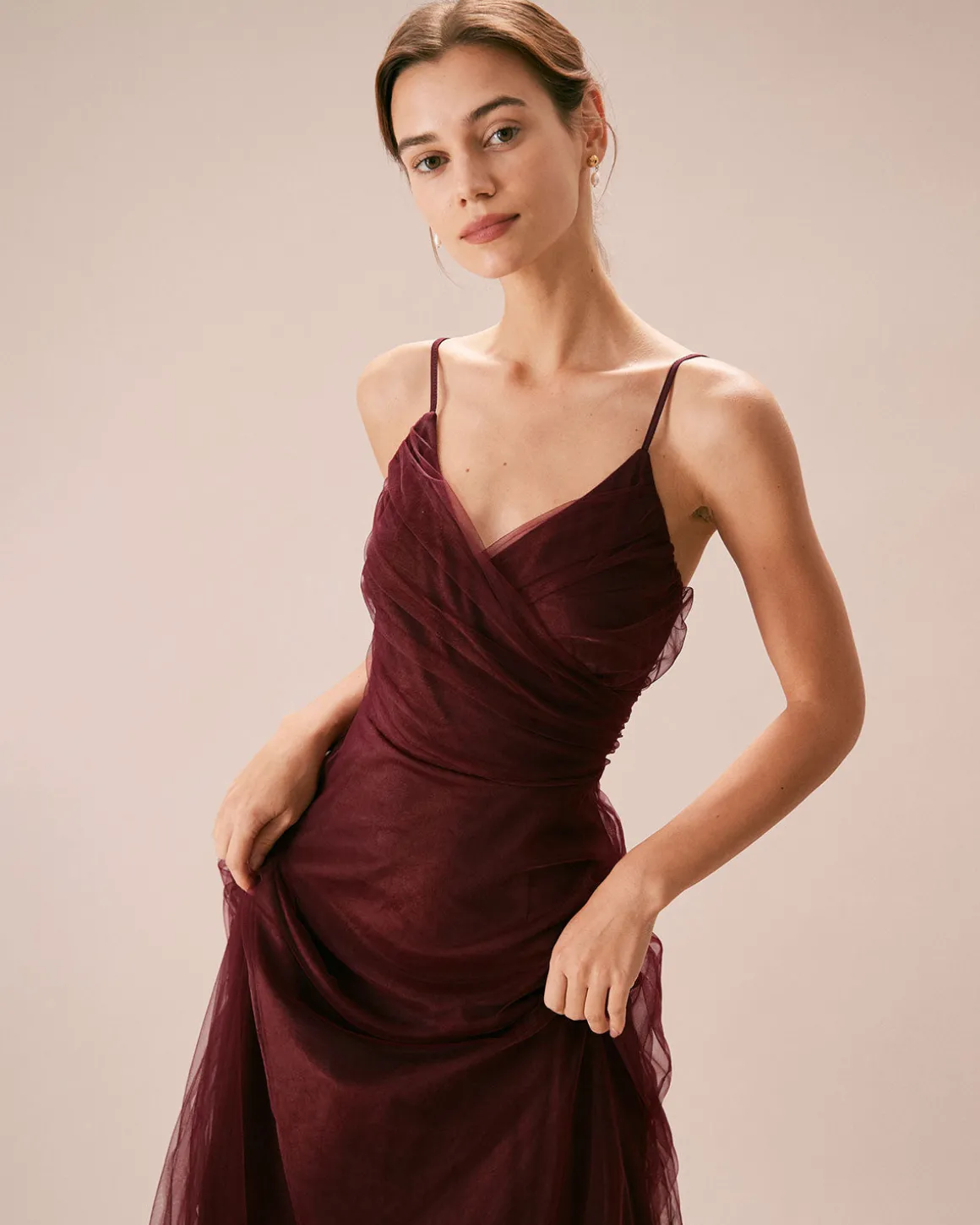 The Wine Red V Neck Mesh Wrap Maxi Dress