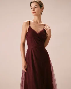 The Wine Red V Neck Mesh Wrap Maxi Dress