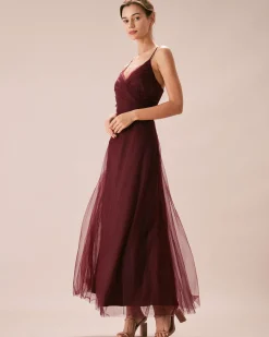 The Wine Red V Neck Mesh Wrap Maxi Dress
