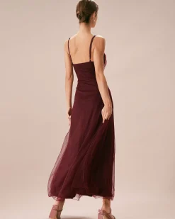 The Wine Red V Neck Mesh Wrap Maxi Dress