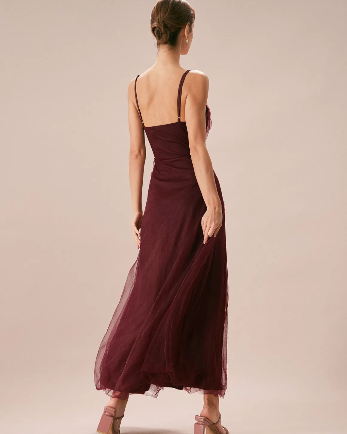 The Wine Red V Neck Mesh Wrap Maxi Dress