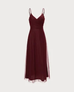 The Wine Red V Neck Mesh Wrap Maxi Dress