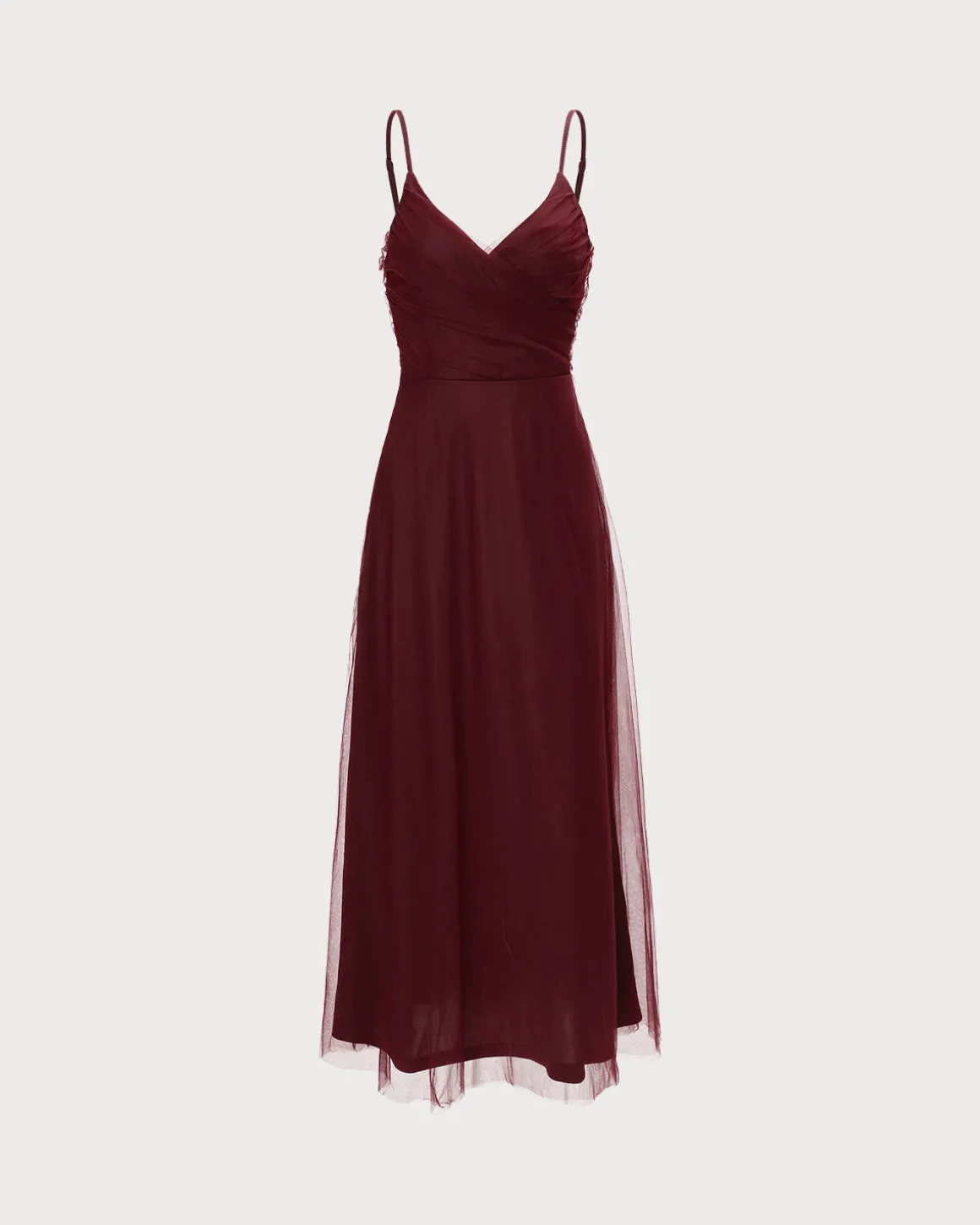 The Wine Red V Neck Mesh Wrap Maxi Dress