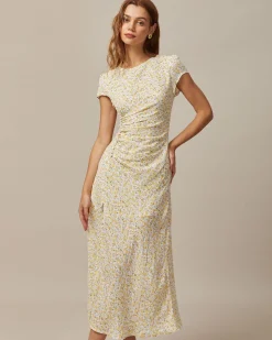 The Yellow Round Neck Floral Midi Dress