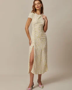 The Yellow Round Neck Floral Midi Dress