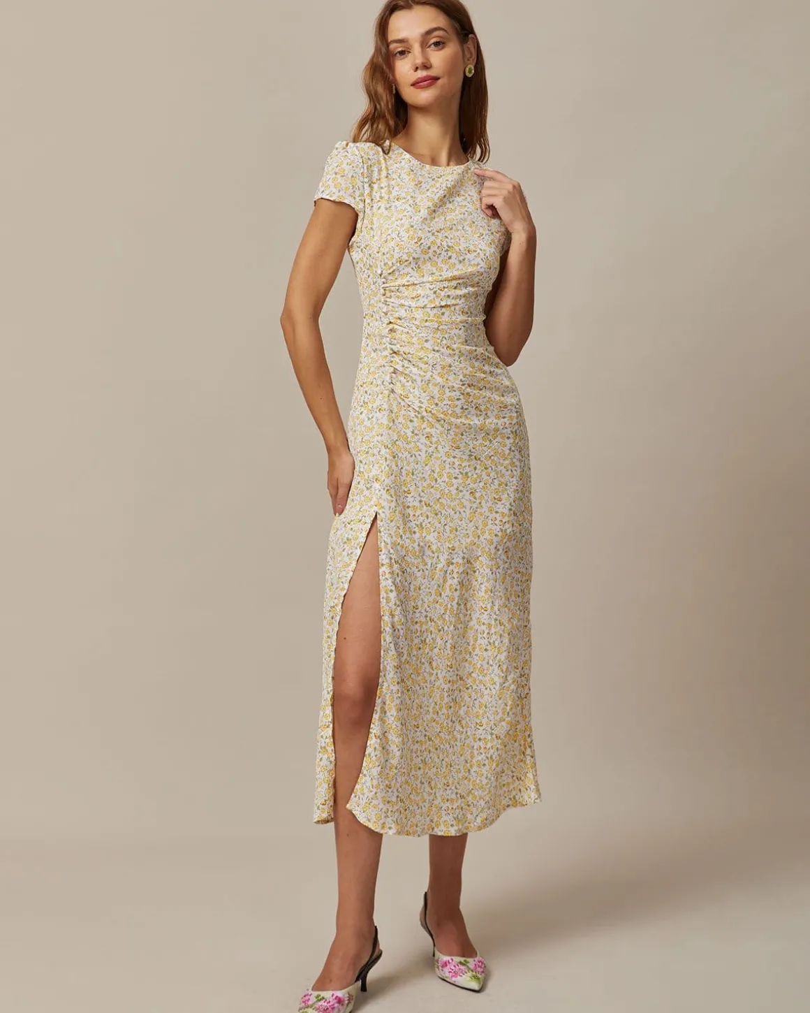 The Yellow Round Neck Floral Midi Dress