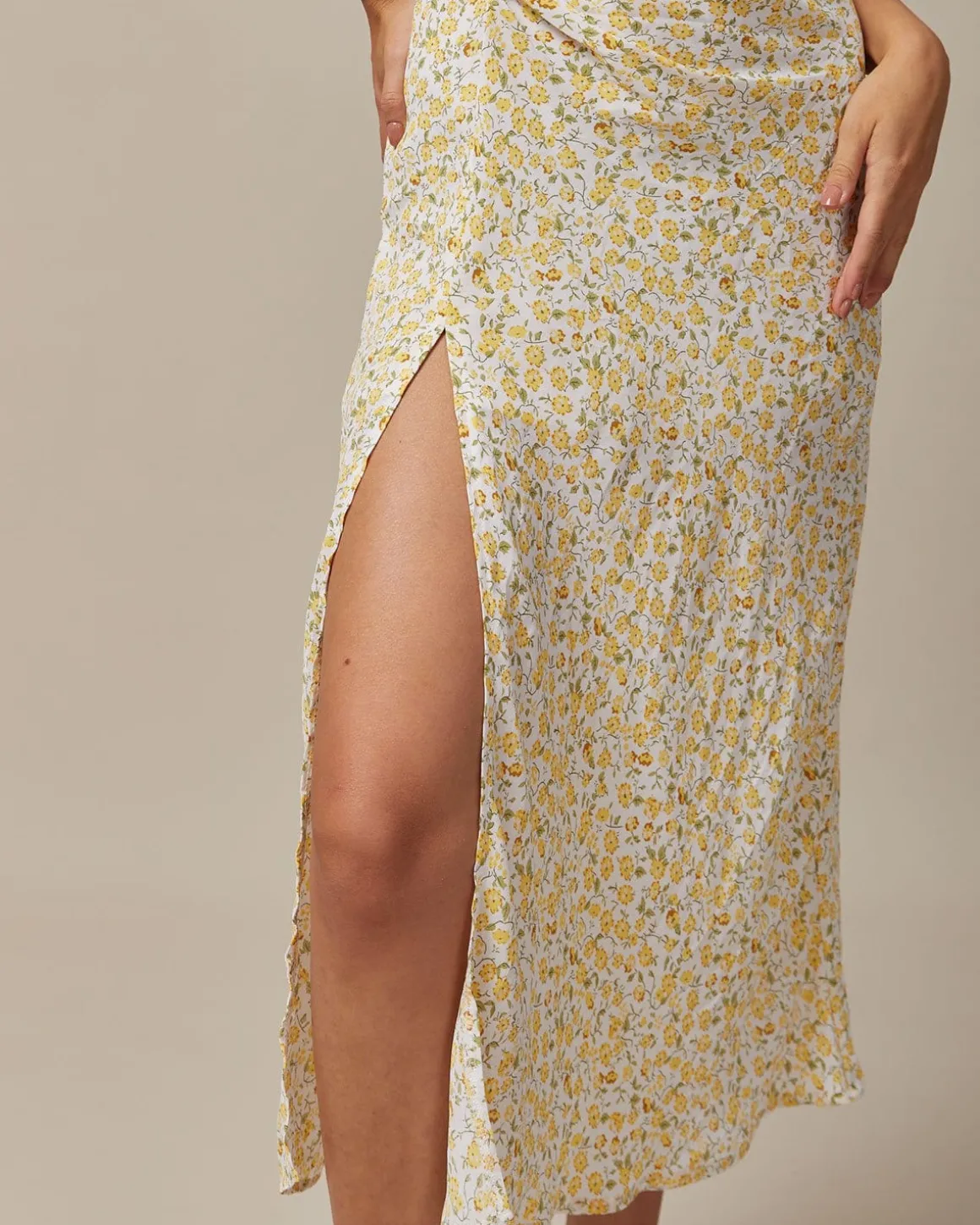 The Yellow Round Neck Floral Midi Dress