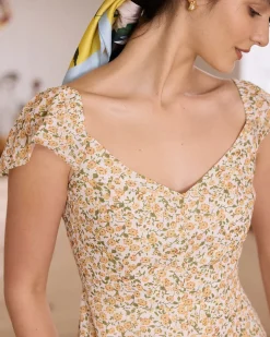 The Yellow V Neck Floral Slit Midi Dress