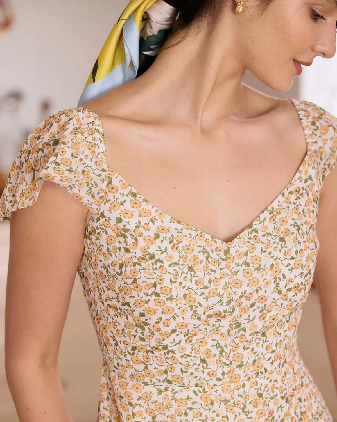 The Yellow V Neck Floral Slit Midi Dress