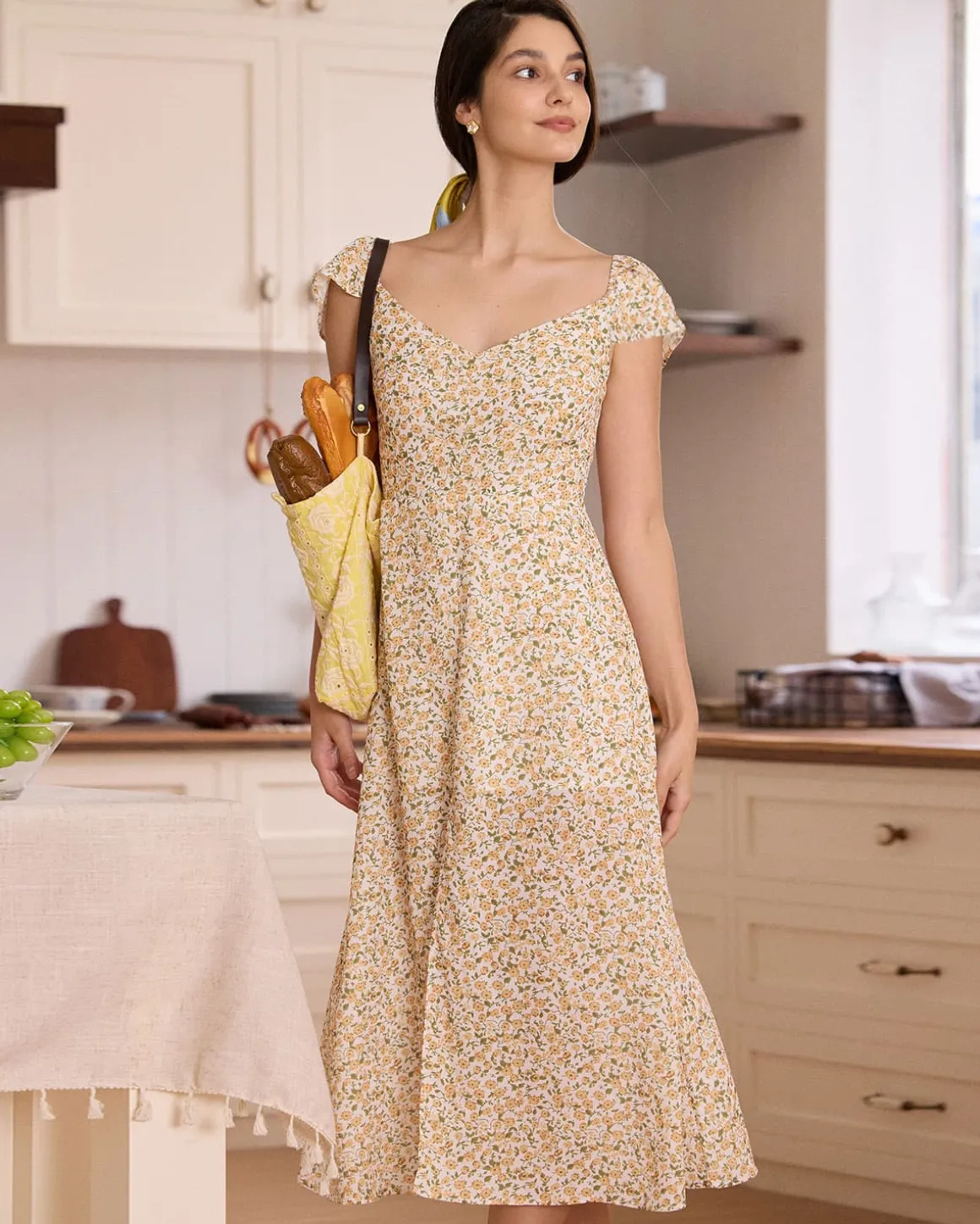The Yellow V Neck Floral Slit Midi Dress