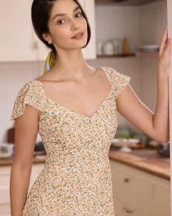 The Yellow V Neck Floral Slit Midi Dress
