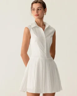 White Button A-Line Sleeveless Mini Dress
