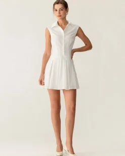 White Button A-Line Sleeveless Mini Dress