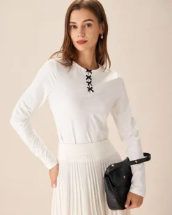 White Contrasting Bowknot Slim Tee