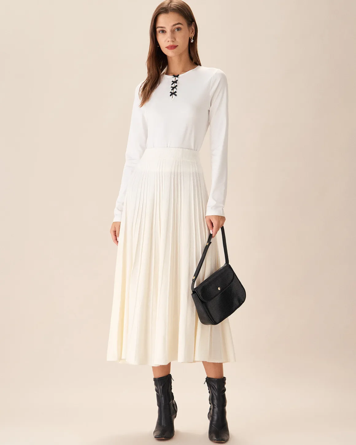 White Contrasting Bowknot Slim Tee