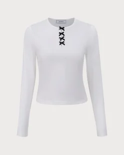 White Contrasting Bowknot Slim Tee