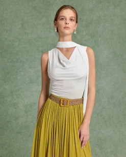 White Cowl Neck Ruched Tank Top