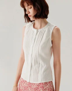 White Crew Neck Button Sleeveless Blouse