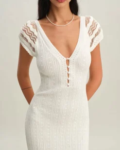 White Crochet Bodycon Sweater Dress