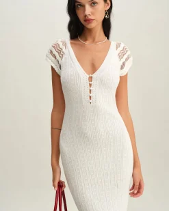 White Crochet Bodycon Sweater Dress