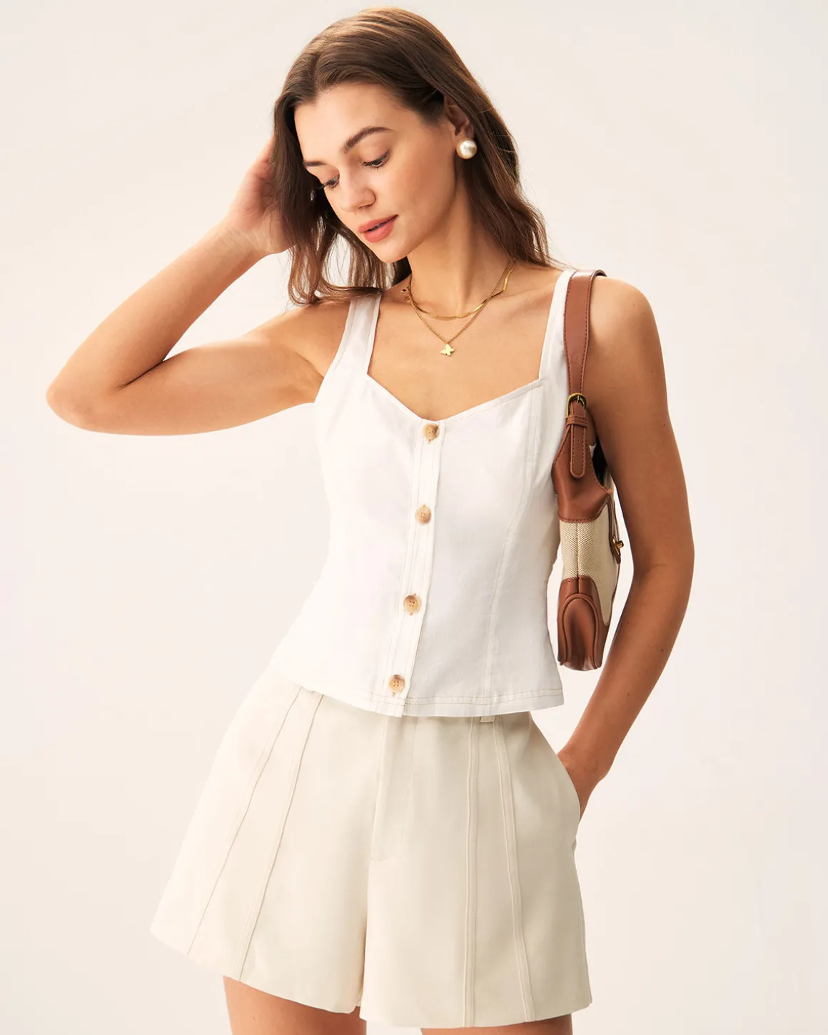 White Cut Out Button Tank Top