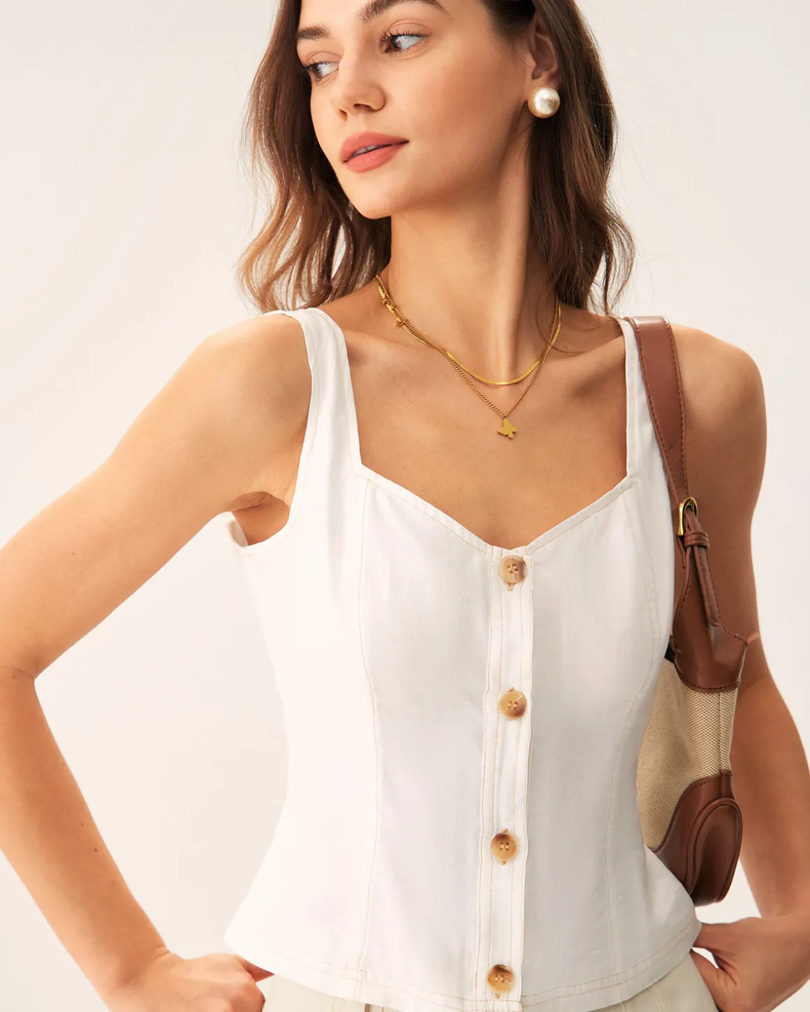 White Cut Out Button Tank Top