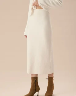 White Elastic Waist Straight Skirt