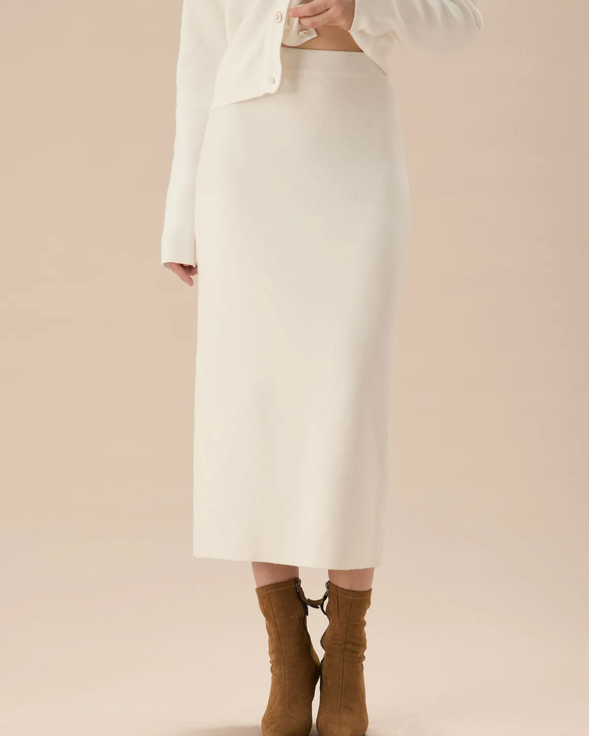 White Elastic Waist Straight Skirt