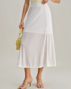 White Elastic Waist Straight Midi Skirt