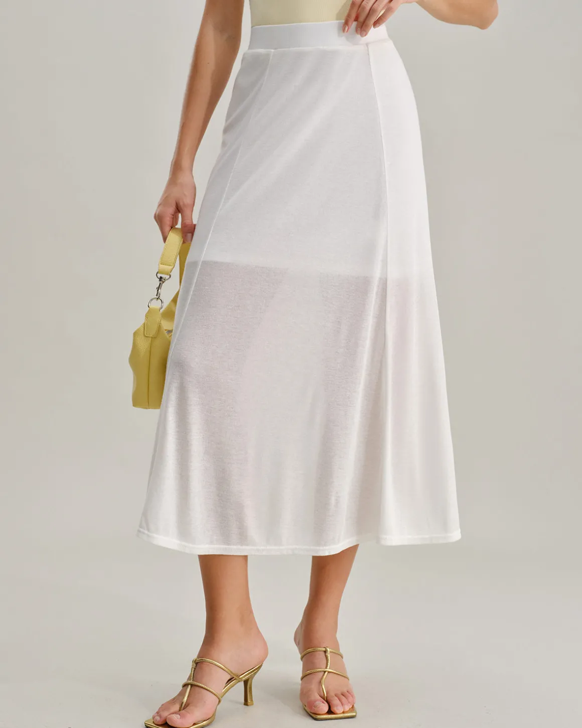 White Elastic Waist Straight Midi Skirt