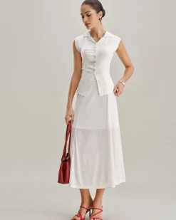 White Elastic Waist Straight Midi Skirt
