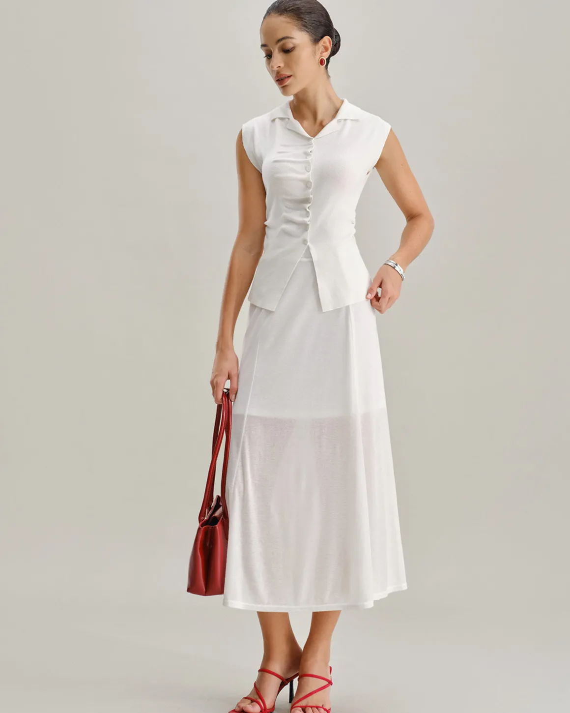White Elastic Waist Straight Midi Skirt
