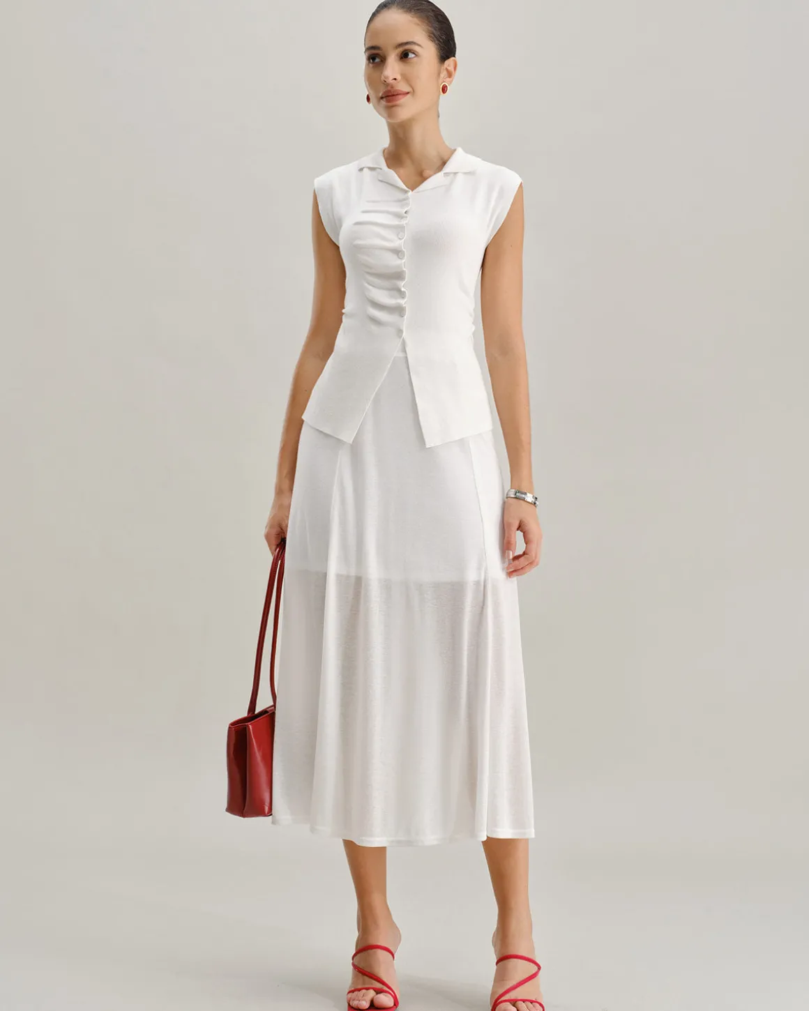 White Elastic Waist Straight Midi Skirt