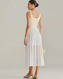 White Elastic Waist Straight Midi Skirt