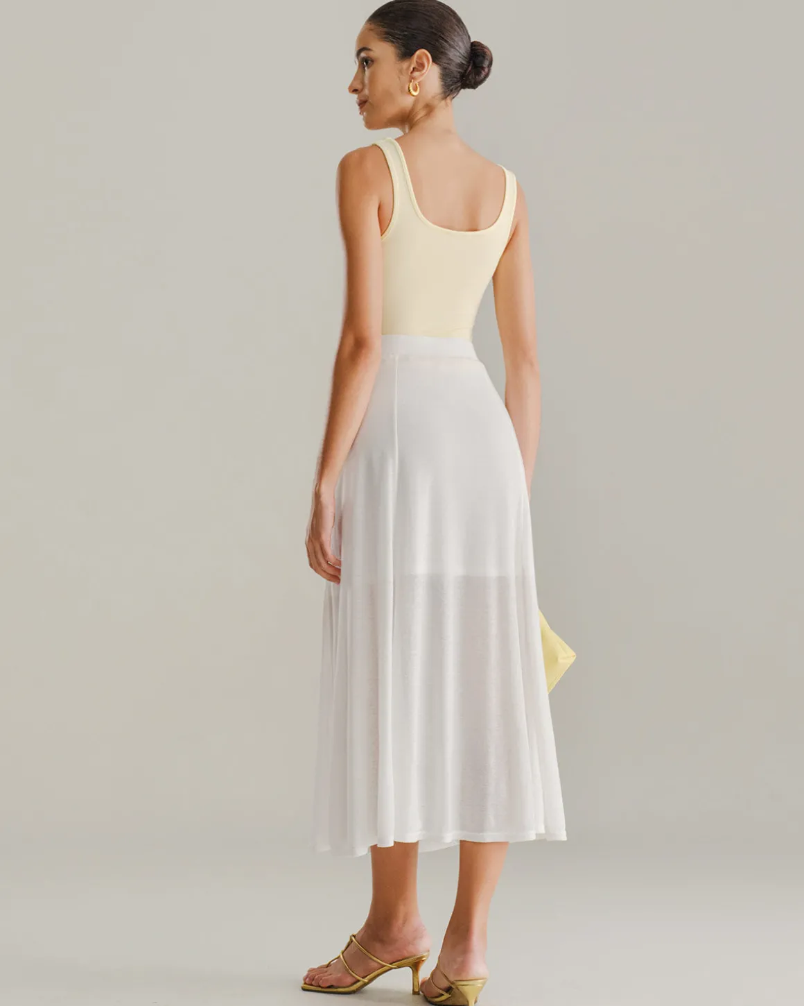 White Elastic Waist Straight Midi Skirt