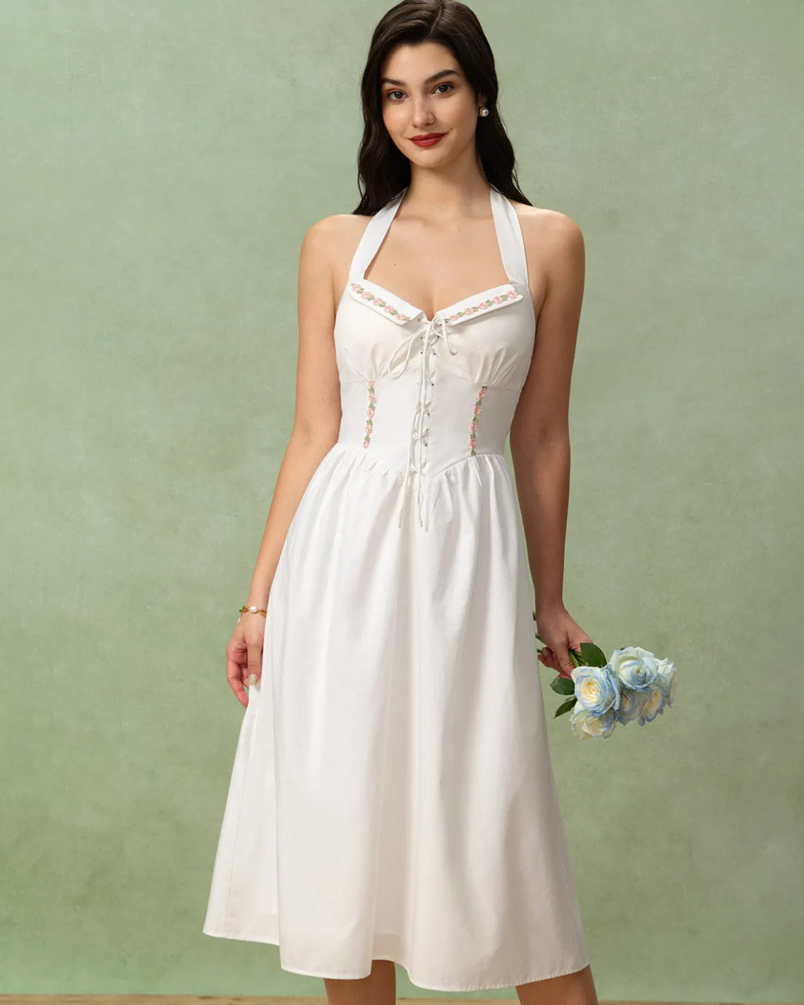 White Embroidery A-Line Halter Midi Dress