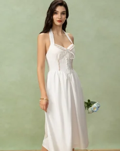 White Embroidery A-Line Halter Midi Dress