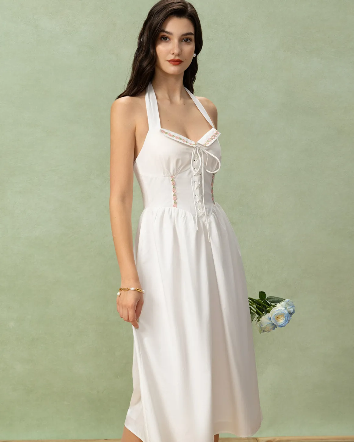 White Embroidery A-Line Halter Midi Dress
