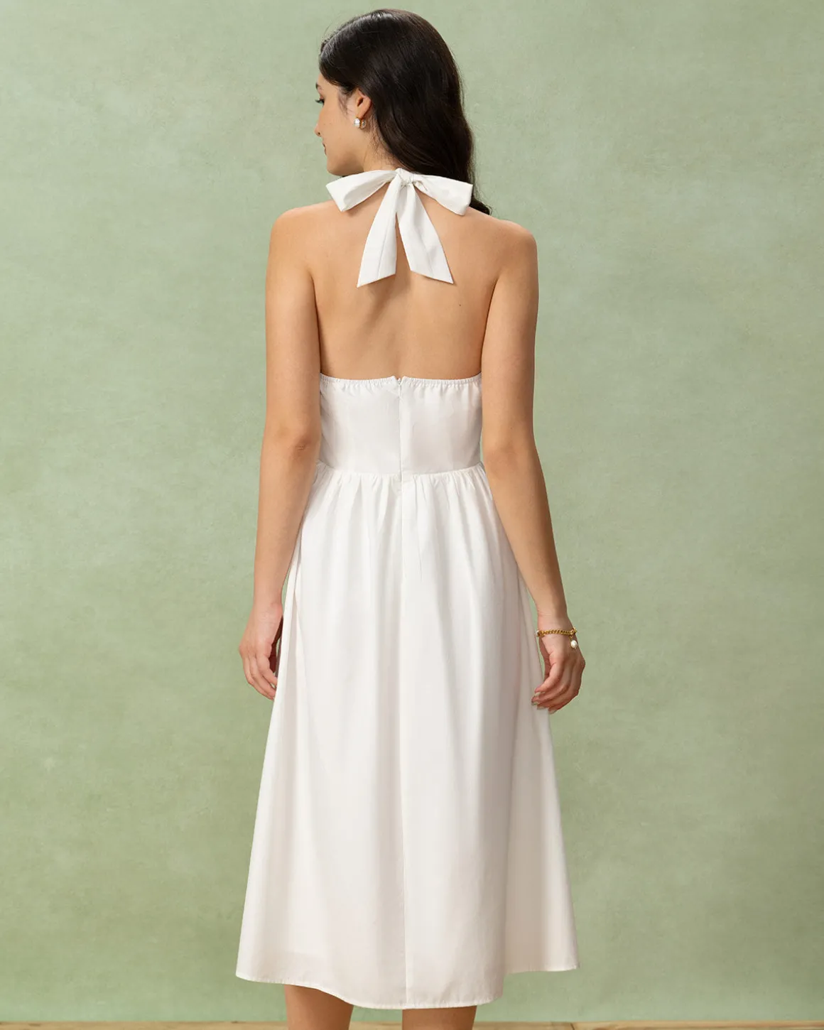 White Embroidery A-Line Halter Midi Dress