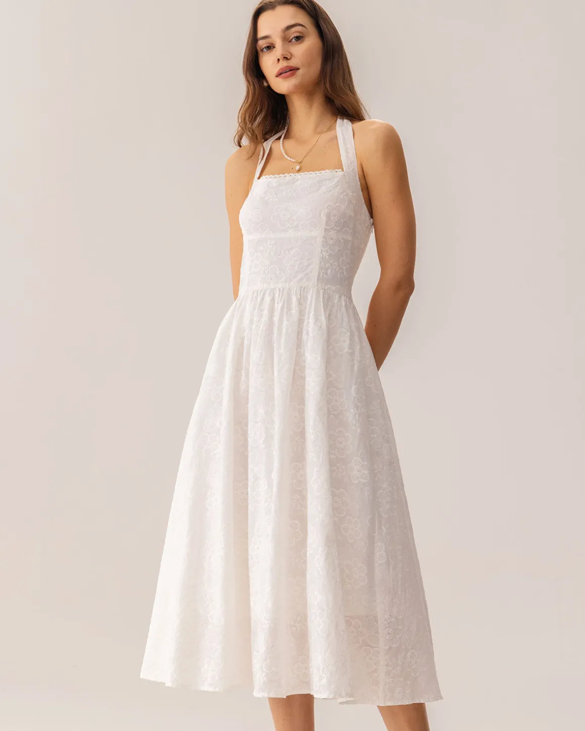 White Embroidery Halter Midi Dress