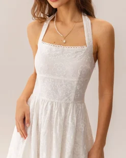 White Embroidery Halter Midi Dress