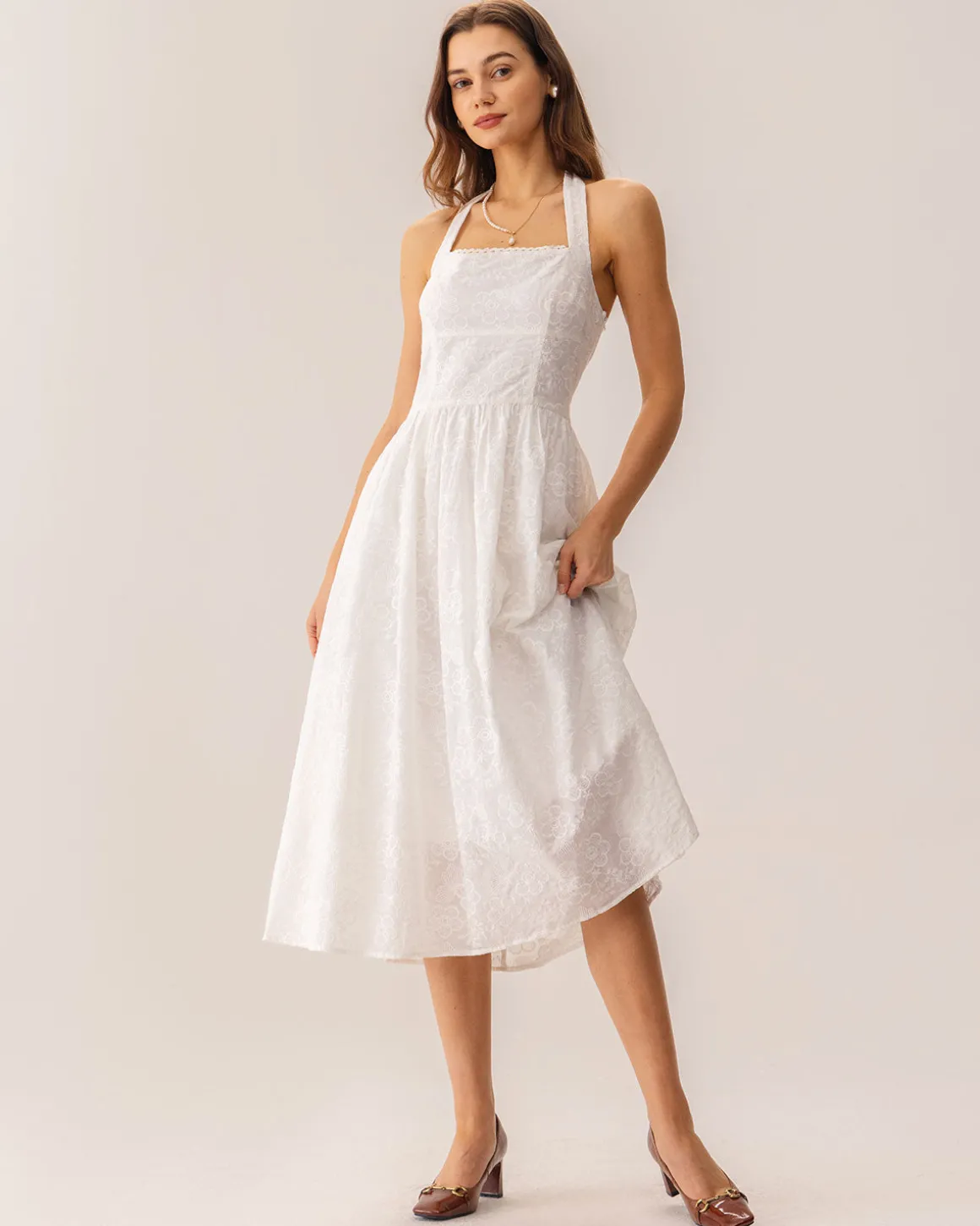 White Embroidery Halter Midi Dress