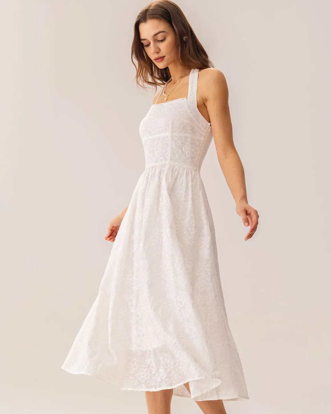 White Embroidery Halter Midi Dress
