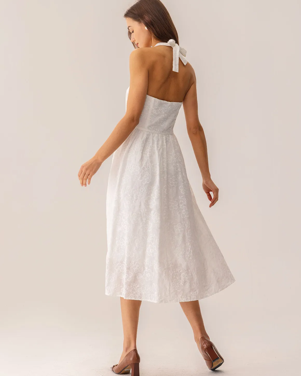 White Embroidery Halter Midi Dress