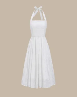 White Embroidery Halter Midi Dress