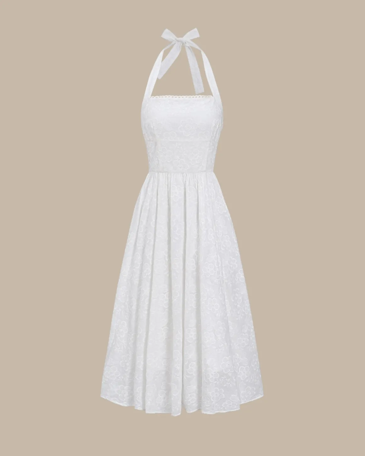 White Embroidery Halter Midi Dress