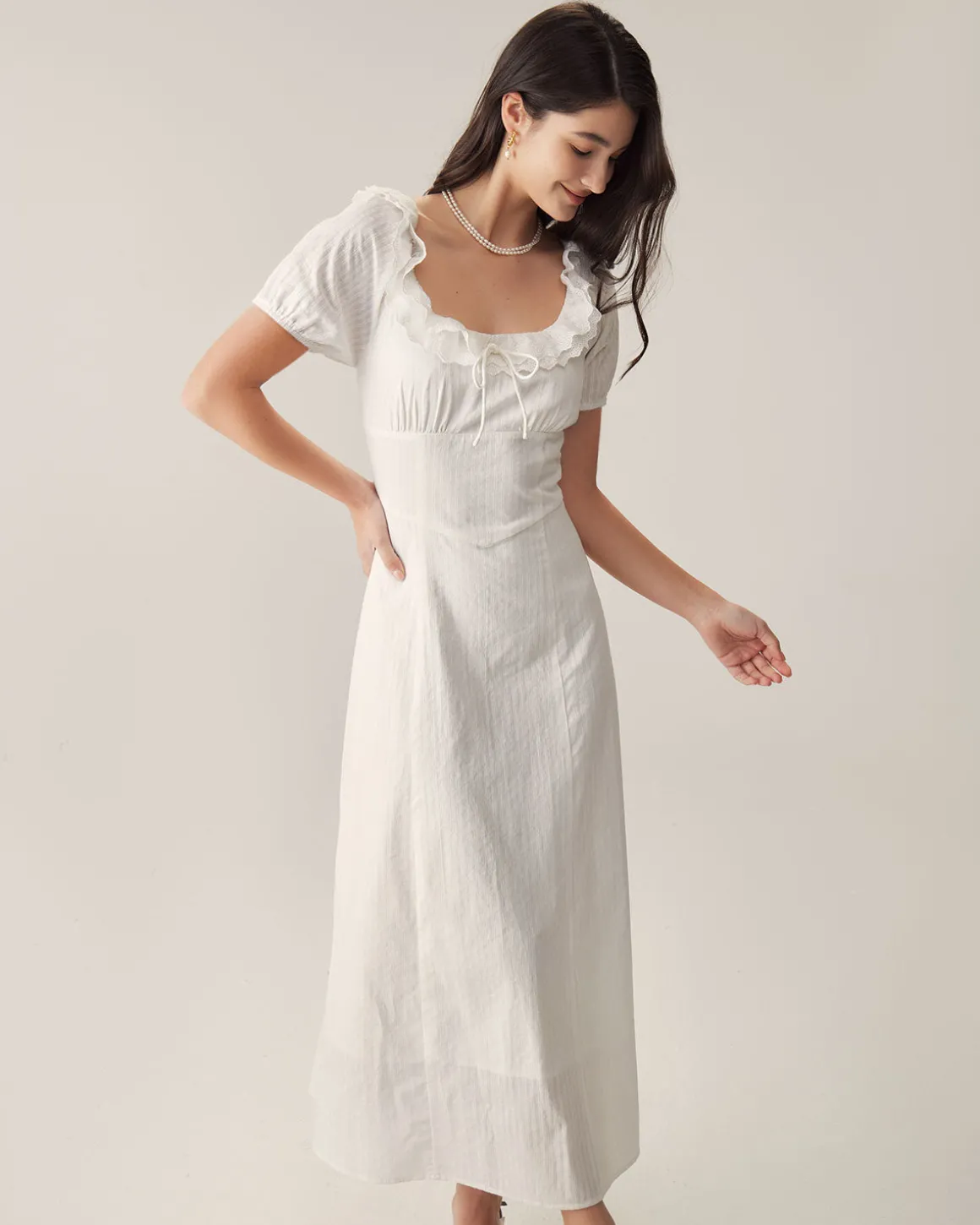 White Embroidery Puffed Sleeve Maxi Dress