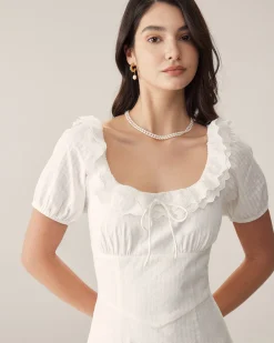 White Embroidery Puffed Sleeve Maxi Dress