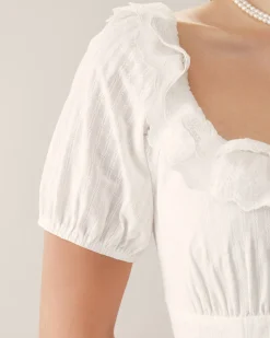White Embroidery Puffed Sleeve Maxi Dress