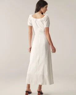 White Embroidery Puffed Sleeve Maxi Dress
